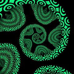 patterns and 3D spiral designs based on a single low order mobius ring in shades of emerald green on a black background
