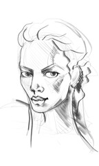 Imaginary sketch of a woman face with straight sight. Fictional invented character. Black and white poster with hard strokes and shades. Expressive, strong and abstract look.	
