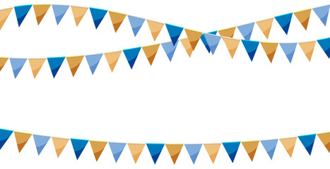 Blue gold paper bunting party flags isolated on white background.