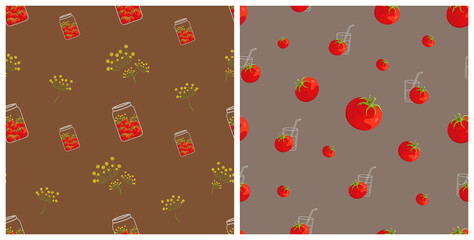 Set of patterns tomato and glass with a straw, tomatoes in a bank