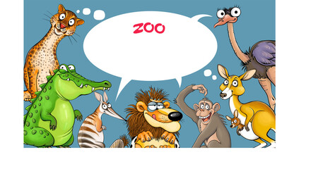 Vector illustration of funny cartoon animals with speech bubble on a blue background. Colorful jaguar, crocodile, numbat, lion, monkey, kangaroo, ostrich