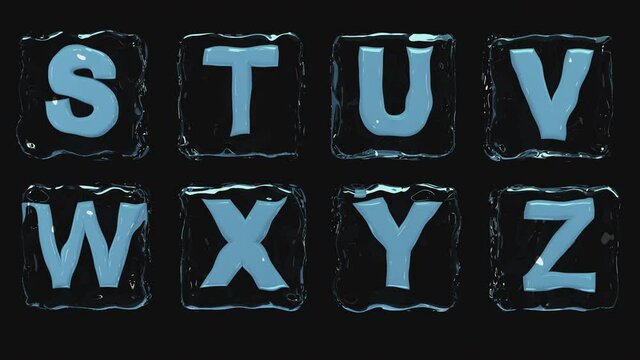 English font-alphabet from standard letters that are animated in water or ice.  Letters STUVWXYZ.