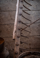 Old  vintage rake against wooden wall