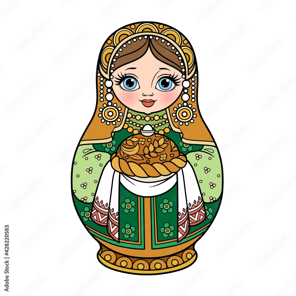 Wall mural Russian traditional nest doll Matrioshka with loaf with salt color variation for coloring page isolated on white background