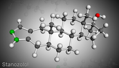 Stanozolol, Stz molecule. It is androgen, synthetic anabolic steroid, used in treating hereditary angioedema. Molecular model. 3D rendering