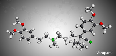 Verapamil molecule. It is calcium channel blocker used in treatment of high blood pressure, heart arrhythmias, angina. Molecular model. 3D rendering