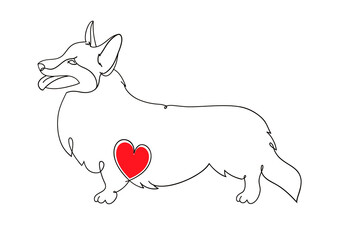 Corgi illustrations drawn by hand. Original linear image of a dog with a heart illustration isolated on white background, logo, t-shirt design.