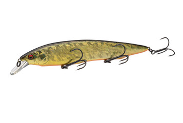 Wobbler with hooks for fishing as bait for fish, which is used for spinning. Fishing tackle for a fisherman.