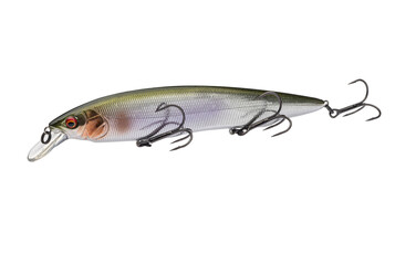 Wobbler with hooks for fishing as bait for fish, which is used for spinning. Fishing tackle for a fisherman.