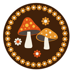 woodland mushrooms circular graphic with flowers and daisy border frame