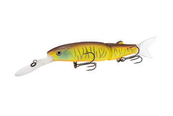 Wobbler with hooks for fishing as bait for fish, which is used for spinning. Fishing tackle for a fisherman.