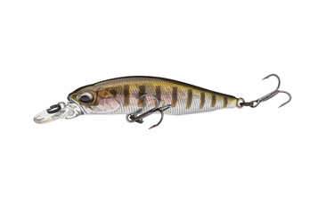 Wobbler with hooks for fishing as bait for fish, which is used for spinning. Fishing tackle for a fisherman.