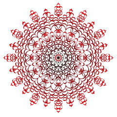 Round mandala painted with red and black a gradient. Oriental boho pattern. Template for tattoo, henna drawing, coloring.	