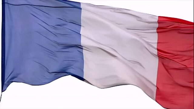 French flag background in the wind. Real french flag tricolor on sky background