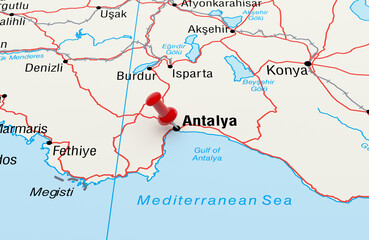 Obraz premium Map showing Antalya, Turkey with a Red Pin. 3D Rendering