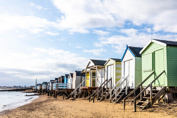 Beach huts at Southend-on-Sea , a popular resort town on the Thames Estuary in Essex, southeast England