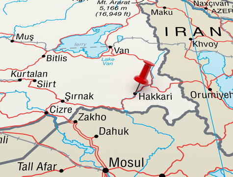 Map showing Hakkari, Turkey with a Red Pin. 3D Rendering