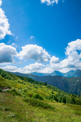 idyllic mountain landscape with copy space - hiking, trekking, nature, outdoor, adventure concept,  Mestia village in Svaneti region, Georgia