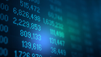 Financial data of stock market in term of a digital prices on LED display. A number of daily market price and quotation of prices chart to represent candle stick tracking in Forex trading.