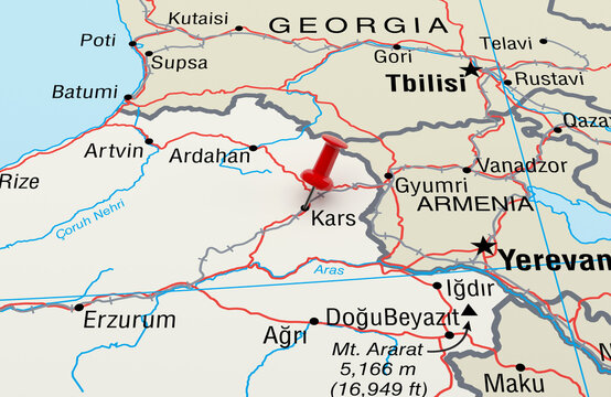 Map showing Kars, Turkey with a Red Pin. 3D Rendering