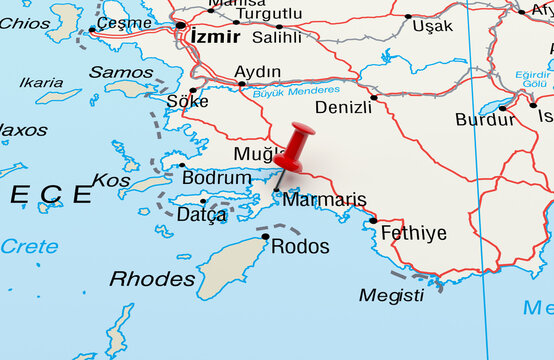 Map showing Marmaris, Turkey with a Red Pin. 3D Rendering