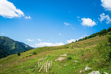 Fototapeta na wymiar idyllic mountain landscape with copy space - hiking, trekking, nature, outdoor, adventure concept, Mestia village in Svaneti region, Georgia