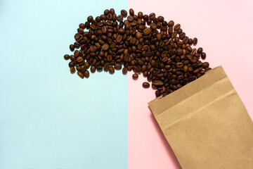 Creative food drink concept photo of coffee beans with paper bag on blue pink  background.