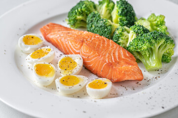 Cooked salmon with broccoli and eggs