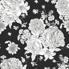 Gentle roses vintage floral seamless pattern. Botanical flowers, Regency texture