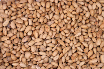 Nuts almonds in shells in the oriental bazaar in bulk, nut background, april 2021