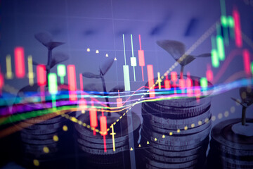 Stock market data on digital LED display. Fundamental and technical analysis with candle stick graph chart of stock market trading to represent about Bullish and Bearish point.