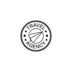 Travel agency round logo template. Vector illustration isolated on white background. Simple icon of airplane and stars with text. Flat style. Brand company. Symbol for web, print, card
