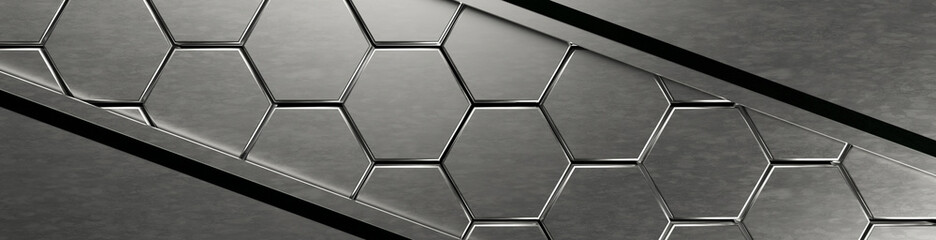 3d metallic hexagon and plate banner background. Futuristic industrial modern wallpaper perfect  for web page header. 3d render illustration.