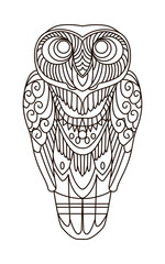 Black and white picture for coloring vector ornamental Owl, ethnic, coloring book, greeting cards, design, stickers.