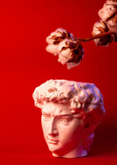 Plaster pot in the form of David's head and branch of cotton on a red background.