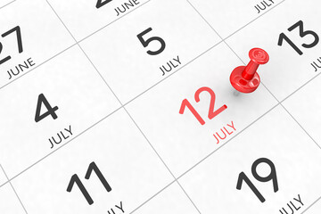 3d rendering of important days concept. July 12th. Day 12 of month. Red date written and pinned on a calendar. Summer month, day of the year. Remind you an important event or possibility.