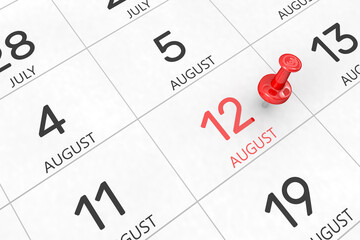 3d rendering of important days concept. August 12th. Day 12 of month. Red date written and pinned on a calendar. Summer month, day of the year. Remind you an important event or possibility.