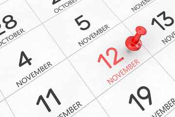 3d rendering of important days concept. November 12th. Day 12 of month. Red date written and pinned on a calendar. Autumn month, day of the year. Remind you an important event or possibility.