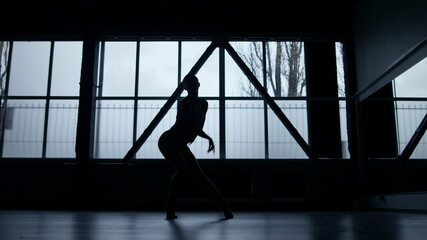 Fototapeta na wymiar Dancer silhouette grinding dance steps indoors. Athletic girl dancing in studio.