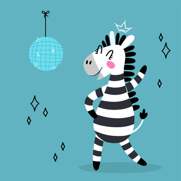 Dancing zebra in flat cartoon style. Funny black and white hand-drawn horse with a disco ball. Vector illustration for print, children's book, poster, fabric.