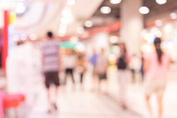 Abstract defocused or blurred background of the shopping mall with nice department store interior. which including of people and shop store.	