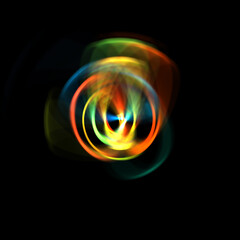 Spinning rays of light isolated on black background. Graphic 2D illustration of glowing colorful light particles in circular motion.