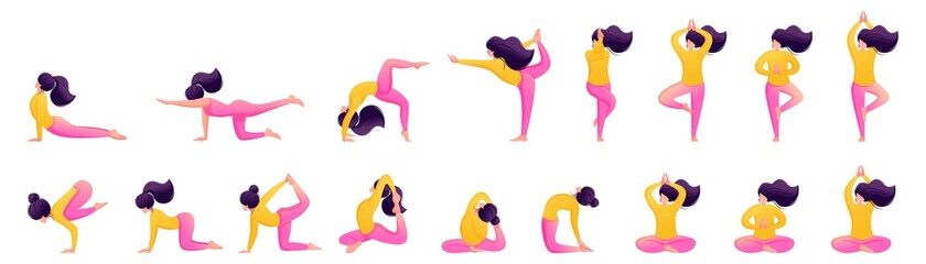 Big Set of girls in different poses during a yoga class