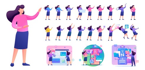 Set of Young Woman. Presentation in various in various poses and actions. 2D Flat character vector illustration N8