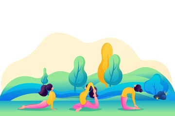 Girls in yoga school, engaged in nature, in the Park, in the forest. Flat 2D Web design