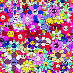 Emoji flivers seamless pattern on transparent background. Funny cartoon colorful characters flowers. Modern exotic designs for paper, cover, fabric, interior decor and other users.