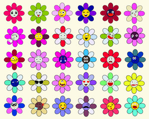Big vector set. Cute kawaii flowers with different emotions. Flat illustration. Design for poster, card, invitation, placard, brochure, flyer, web.
