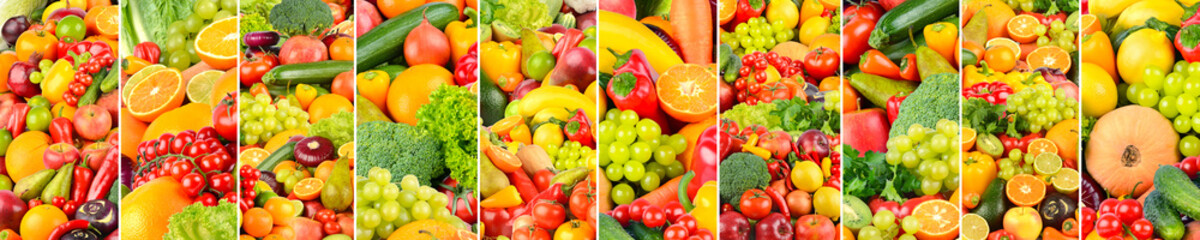 Wide background of vegetables and fruits separated by vertical lines.