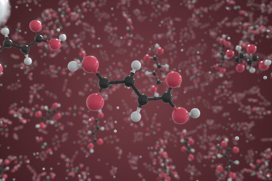 Fumaric acid molecule, scientific molecular model, 3d rendering