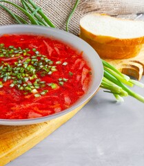 Red tomato soup. National ukrainian food. Ukrainian borsch. Traditional food.